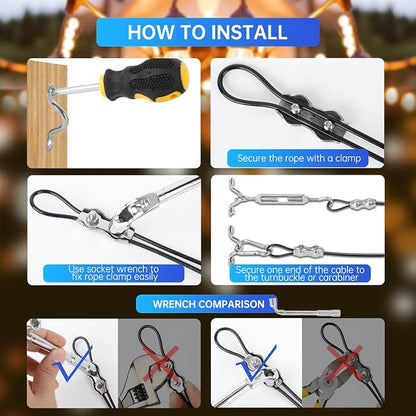 LumenX 165FT Outdoor String Light Hanging Kit – 304 Stainless Steel Guide Wire with Turnbuckles, Cable Clamps, Carabiners and Installation Tools
