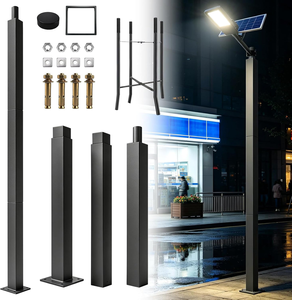 LumenX 10 Ft Square Street Light Pole – Heavy-Duty Split Metal Lamp Post with Base Plate & Anchor Bolts