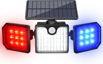 Solar Motion Sensor Lights - IP65 Waterproof Solar Strobe Wall Lights - Bright White/Red & Blue Flashing