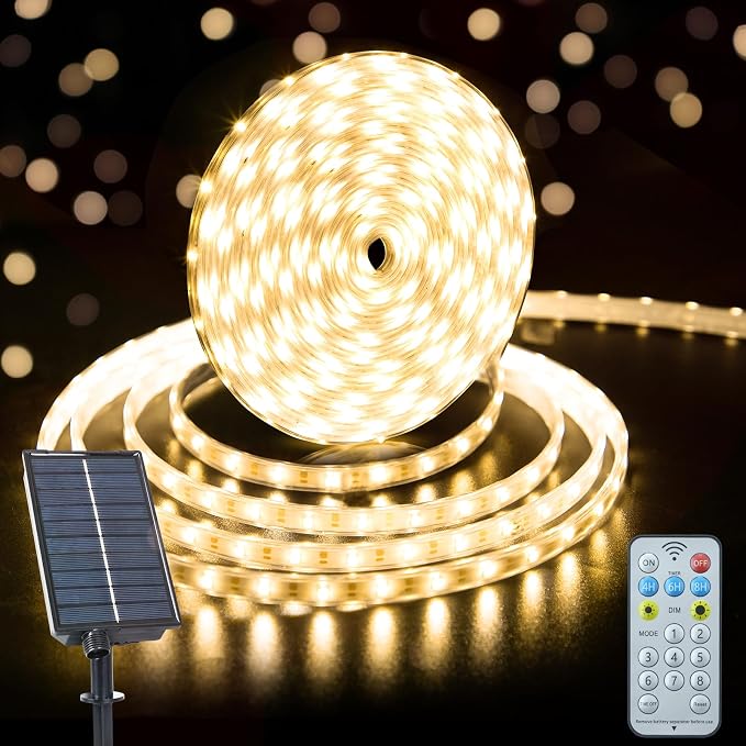 New Upgraded Solar Strip Lights 200 LED 16ft 19 Modes Solar Powered & USB Rechargeable String Lights Outdoor Waterproof with Remote Timer Dimmable for Pool Yard Party Wedding Christmas