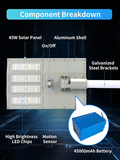 5500W Aluminum Frame Solar Street Light – 100,000LM, Motion Sensor, Dusk-to-Dawn, Remote Control, IP65