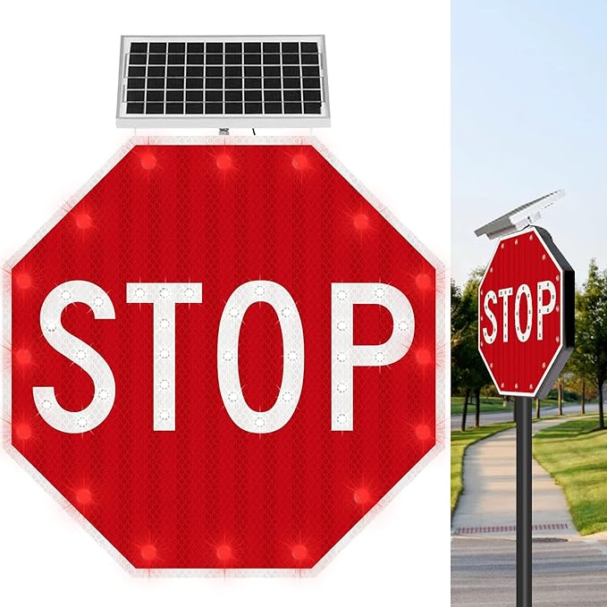 Stop Sign 30x30, Aresign Solar Powered LED Flashing Stop Sign, Aluminum Octagon Road Signs Traffic LED Blinking Street Warning Sign,Heavy Duty