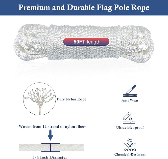 LumenX Complete Flagpole Repair Kit for 1.6"–2" Poles – 50FT Halyard Rope, Gold Ball, Pulley, Cleat & Swivel Clips