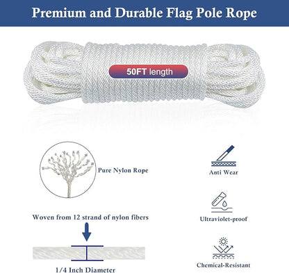 LumenX Complete Flagpole Repair Kit for 1.6"–2" Poles – 50FT Halyard Rope, Gold Ball, Pulley, Cleat & Swivel Clips
