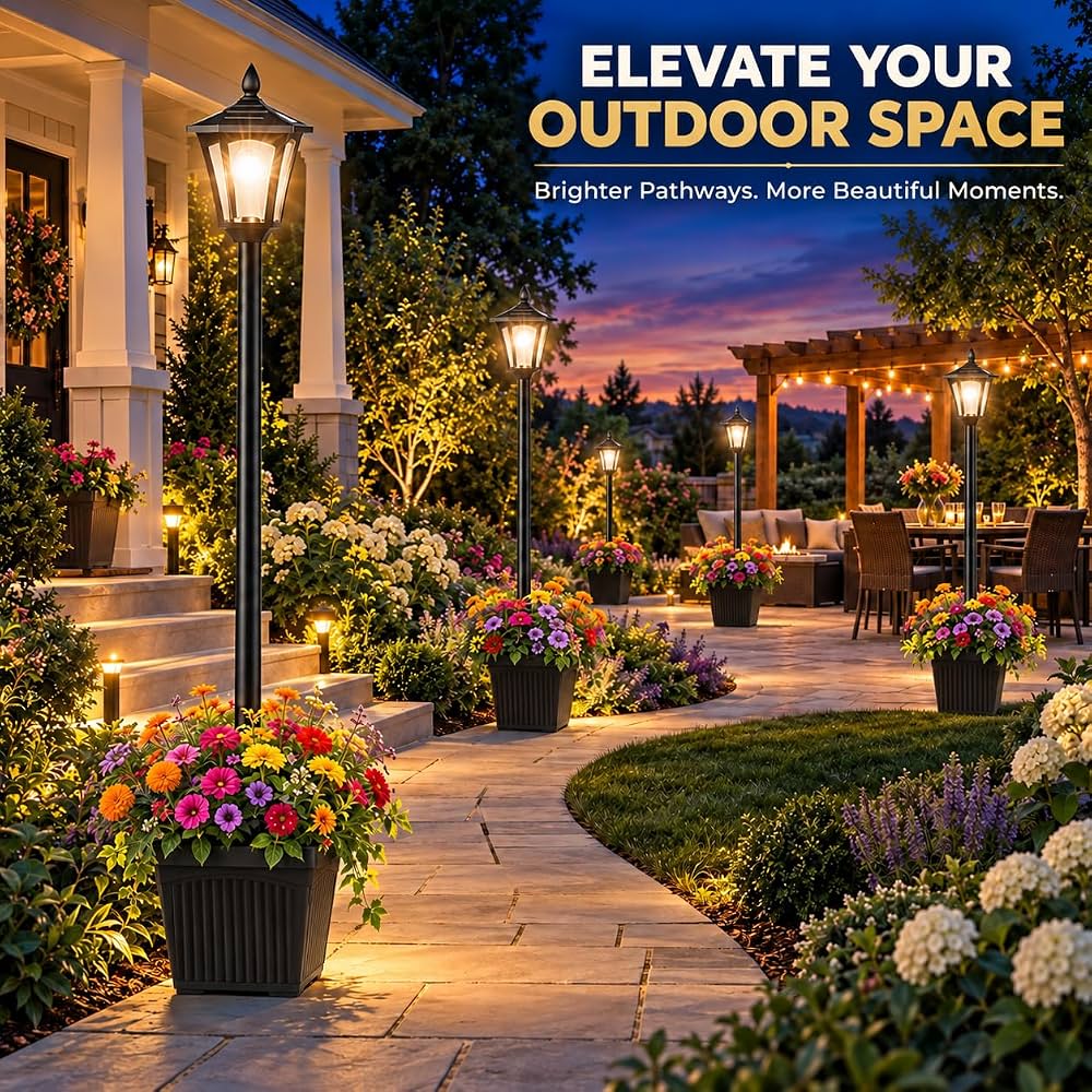 76 Inch Solar Lamp Post Light Outdoor with Planter – 70 Lumens, 4 Adjustable Heights, Black - Outdoor Solar Outlet
