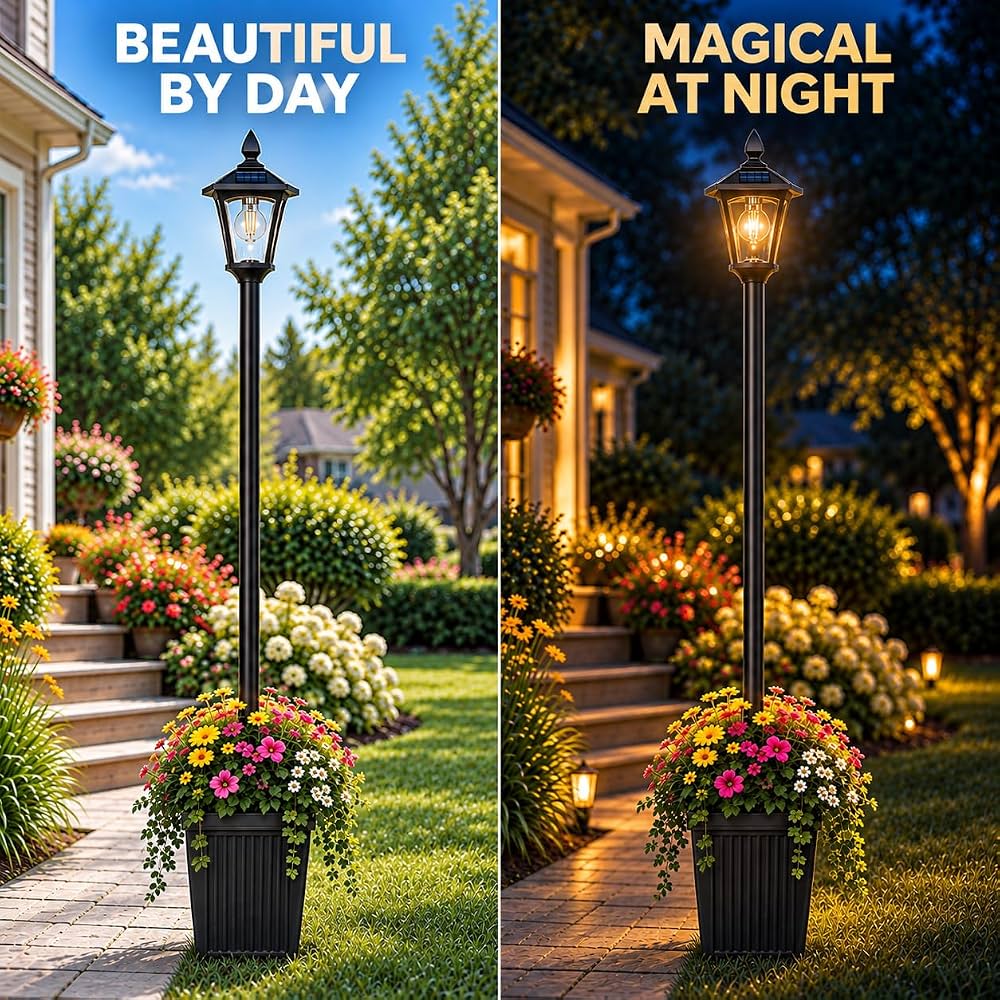 76 Inch Solar Lamp Post Light Outdoor with Planter – 70 Lumens, 4 Adjustable Heights, Black - Outdoor Solar Outlet