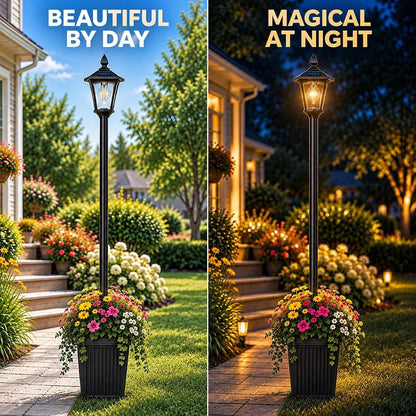 76 Inch Solar Lamp Post Light Outdoor with Planter – 70 Lumens, 4 Adjustable Heights, Black - Outdoor Solar Outlet