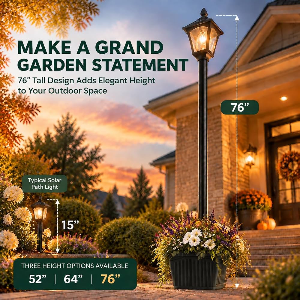 76 Inch Solar Lamp Post Light Outdoor with Planter – 70 Lumens, 4 Adjustable Heights, Black - Outdoor Solar Outlet