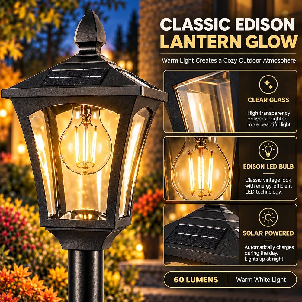 76 Inch Solar Lamp Post Light Outdoor with Planter – 70 Lumens, 4 Adjustable Heights, Black - Outdoor Solar Outlet