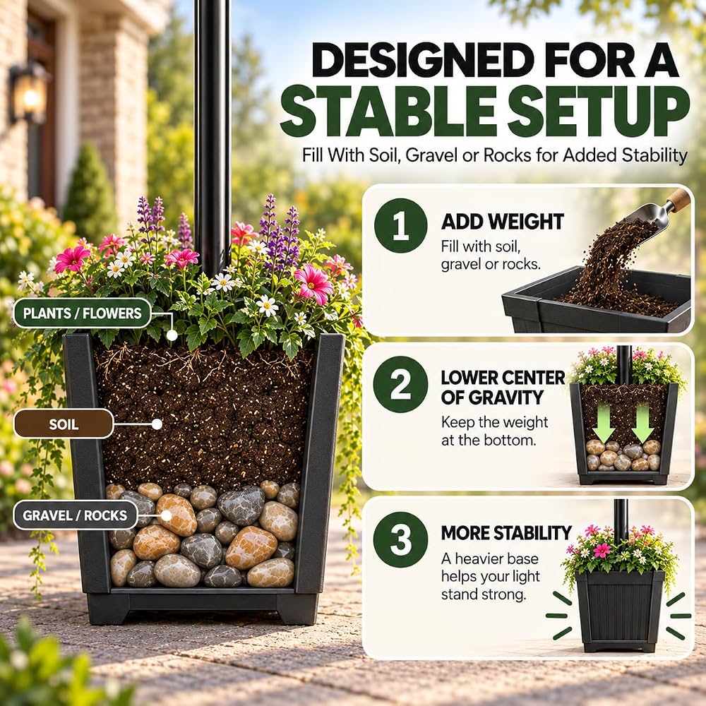76 Inch Solar Lamp Post Light Outdoor with Planter – 70 Lumens, 4 Adjustable Heights, Black - Outdoor Solar Outlet
