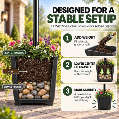 76 Inch Solar Lamp Post Light Outdoor with Planter – 70 Lumens, 4 Adjustable Heights, Black - Outdoor Solar Outlet