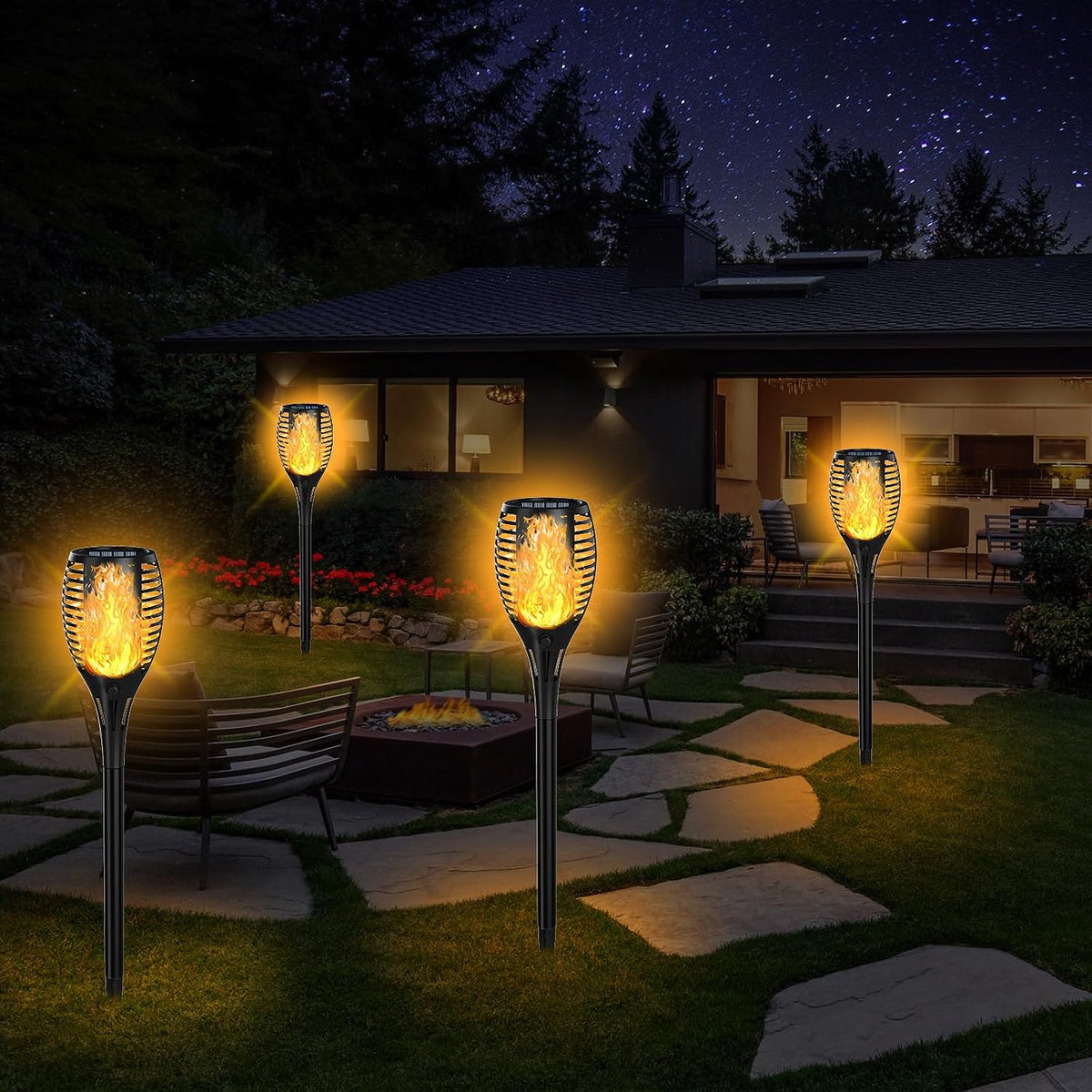 4-Pack Solar Flickering Flame Torch Lights – 23 Inch, 33 LEDs, Dusk-to-Dawn, IP65 Outdoor Lights