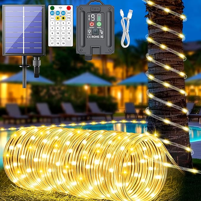 New Upgraded Solar Strip Lights 200 LED 16ft 19 Modes Solar Powered & USB Rechargeable String Lights Outdoor Waterproof with Remote Timer Dimmable for Pool Yard Party Wedding Christmas