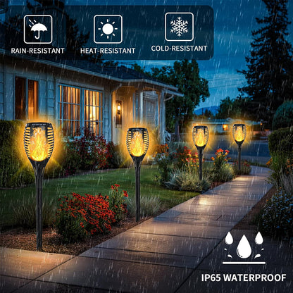 4-Pack Solar Flickering Flame Torch Lights – 23 Inch, 33 LEDs, Dusk-to-Dawn, IP65 Outdoor Lights