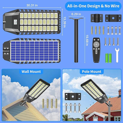 3000W Solar Street Light, 180000 Lumens Dusk to Dawn Street Lights Solar Powered Motion Sensor