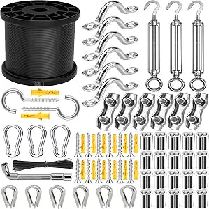 LumenX 165FT Outdoor String Light Hanging Kit – 304 Stainless Steel Guide Wire with Turnbuckles, Cable Clamps, Carabiners and Installation Tools