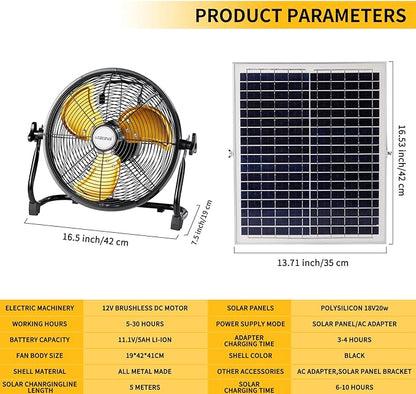 Battery Operated Solar Fan, Solar Powered Portable Fan Can Running 5-24 Hours,Rechargable Fan with USB Output For Emergency Situation