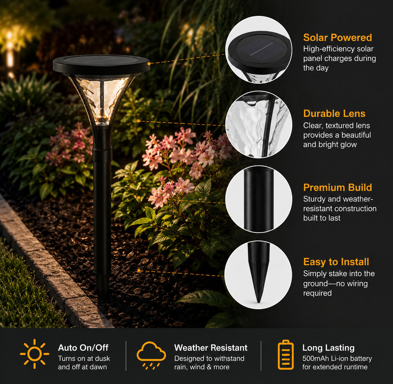 Berkley Jensen Set of 4 Aluminum Solar LED Pathway Lights, 20 Lumens, Graphite Black Finish