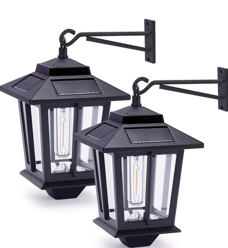 2 Pack Solar Aluminum Wall Lanterns with Replaceable Bulb,Outdoor Hanging Solar Lights with 4 Solar Panels,Anti-Rust