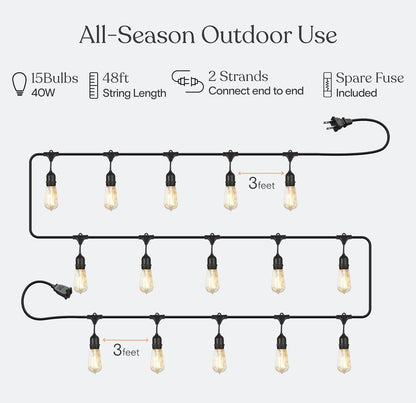 48Ft Pro Vintage Edition Plug-In Outdoor Heavy Quality 40W Commercial String Lights-15 Bulbs