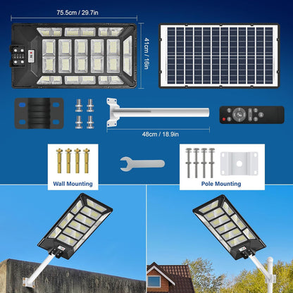 1800W Solar Street Lights Outdoor Waterproof 6500K Dusk to Dawn 180000 Lumen Motion Sensor Super Bright Solar Parking Lot Light