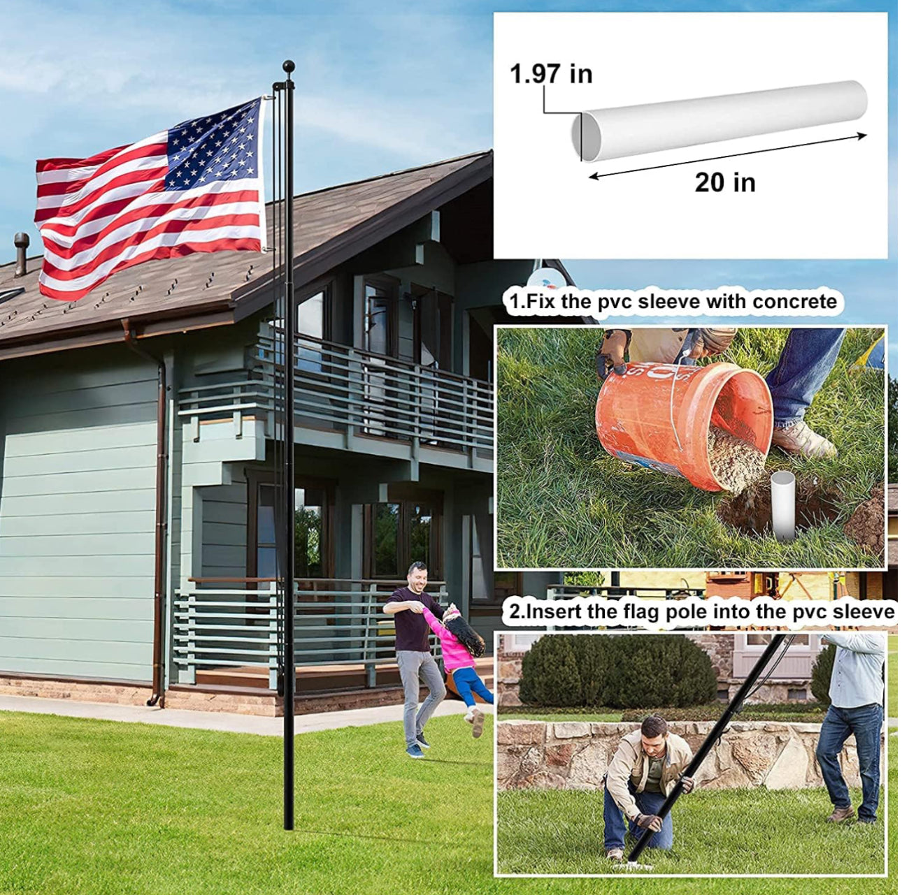 20 FT Flag Pole Heavy Duty Kit for Yard - Extra Thick Outdoor Flag Poles with 3x5 American Flag for Residential or Commercial