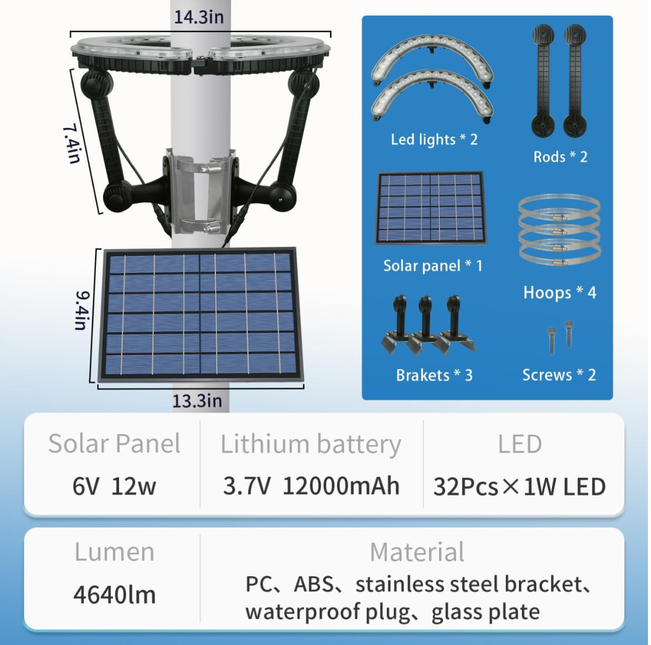 Flagpole Solar Light 4640 Lumen 12000mAh Rechargeable Battery Flag Pole Light Solar Powered 32 Brightest LED Outdoor Waterproof Fits Diameter 2-6 in Flagpoles Work up to 16 Hours Flag Lights