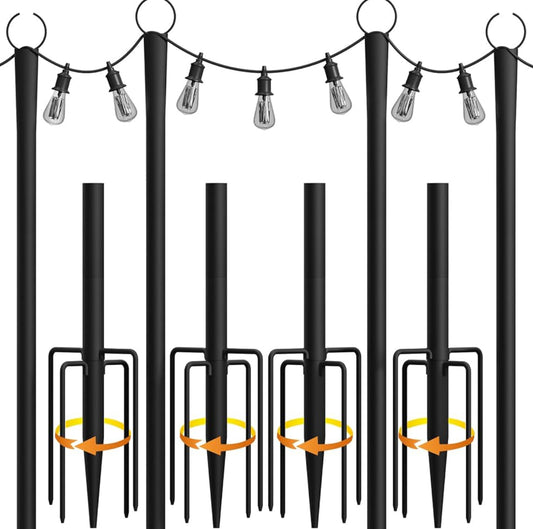 10Ft String Light Poles 4 Pack,Light Poles for Outside Lights,Outdoor with Fence Brackets Hanging Lights,Metal Stand