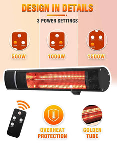 Electric Patio Heater, 1500W Outdoor Heater with 3 Power Settings, Infrared Heater with Remote Control, Overheat Protection, Wall Mounted Space Heater, In/Outdoor