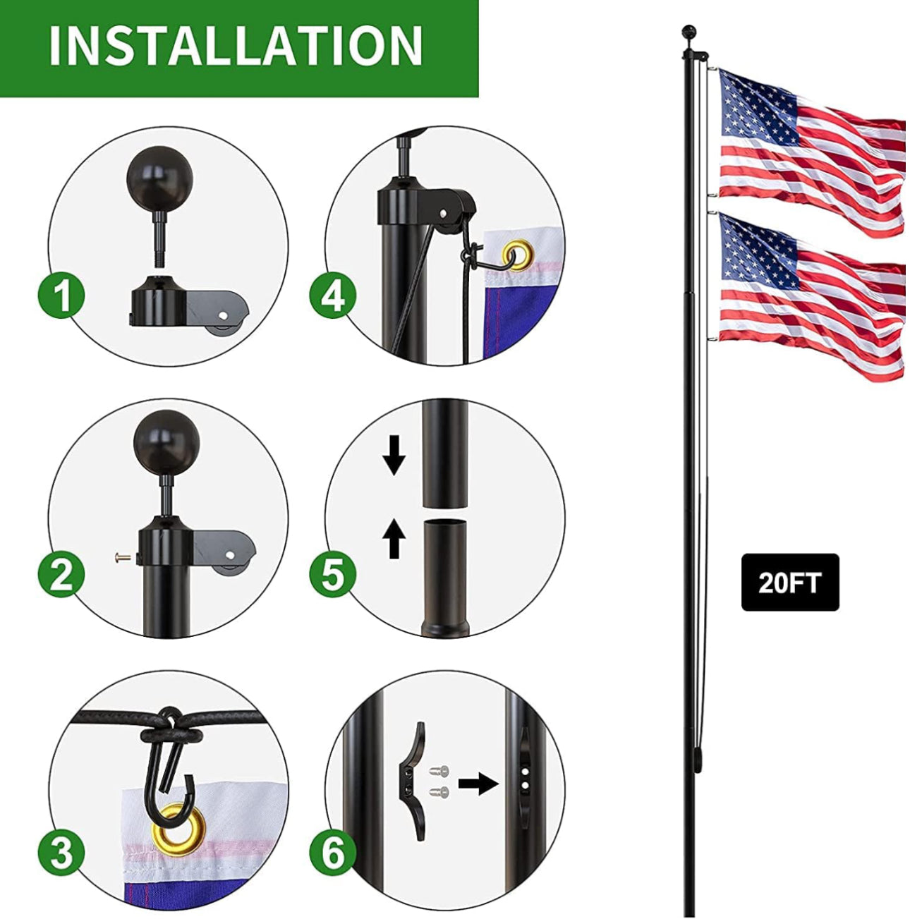 20 FT Flag Pole Heavy Duty Kit for Yard - Extra Thick Outdoor Flag Poles with 3x5 American Flag for Residential or Commercial