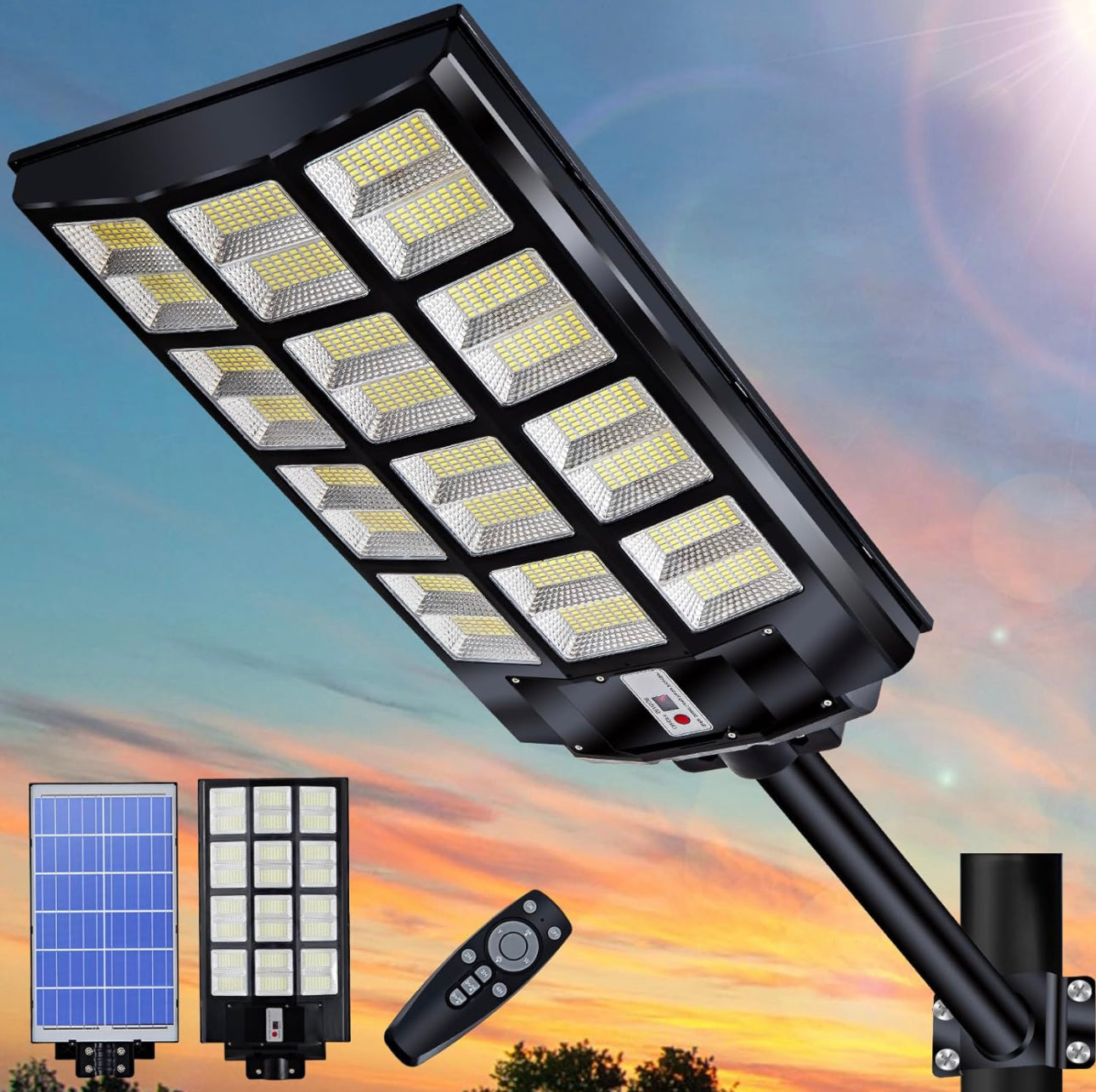 1200W Commercial Solar Street Light , 100000LM Parking Lot Light Commercial Dusk to Dawn With Remote