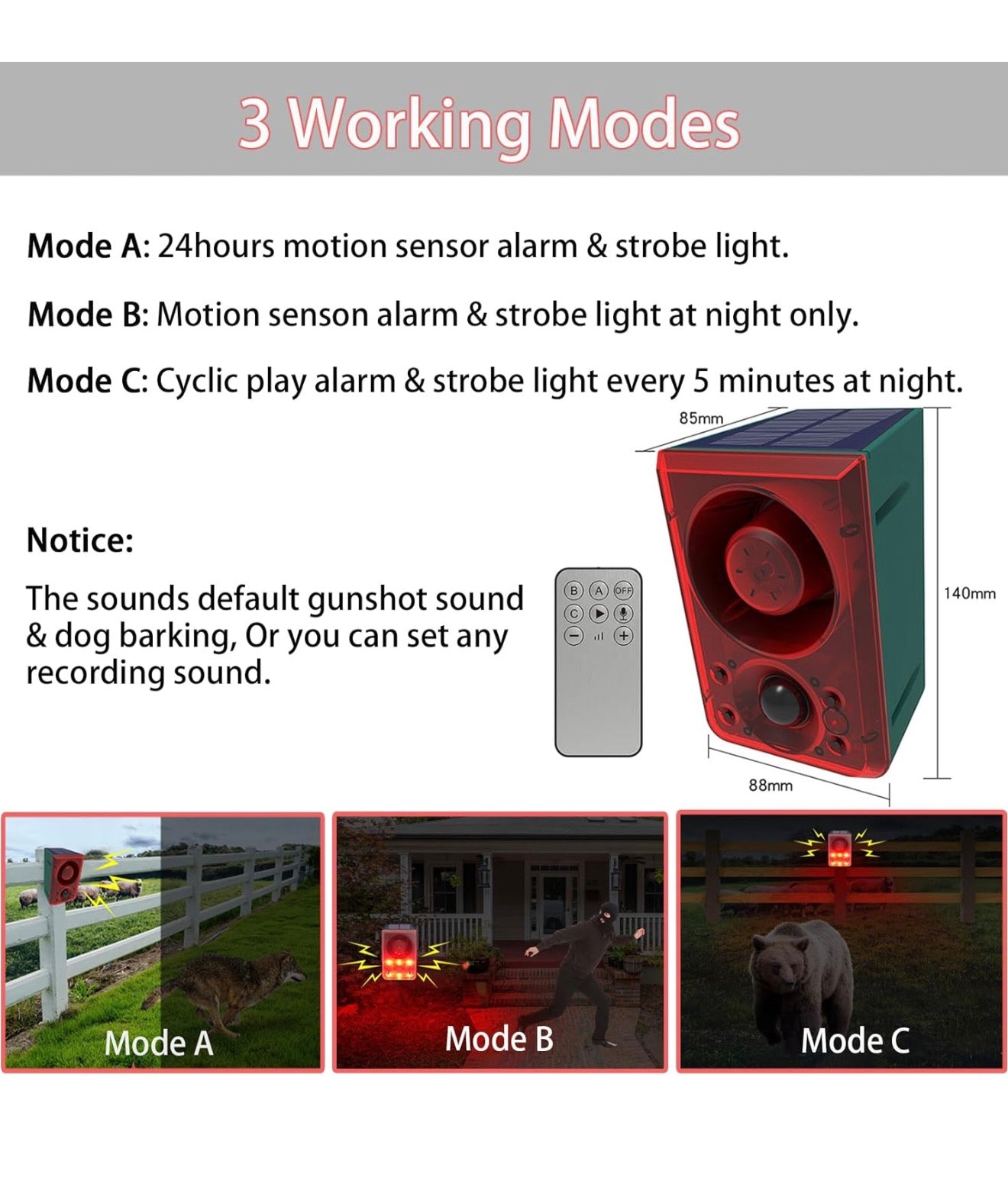 Solar Motion Sensor Alarm Outdoor - Dog Barking & Gunshot Sound, Support Recording & Adjustable Volume, 130db Loud Motion Detector Alarm with Strobe Light, Scare Away Coyote, Deer, Bear, Raccoon