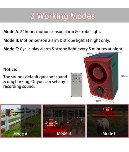 Solar Motion Sensor Alarm Outdoor - Dog Barking & Gunshot Sound, Support Recording & Adjustable Volume, 130db Loud Motion Detector Alarm with Strobe Light, Scare Away Coyote, Deer, Bear, Raccoon