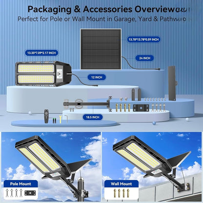 8500W Solar Street Lights Outdoor, 6500K Dusk to Dawn, LED Wide Angle Lamp with Motion Sensor and Remote Control