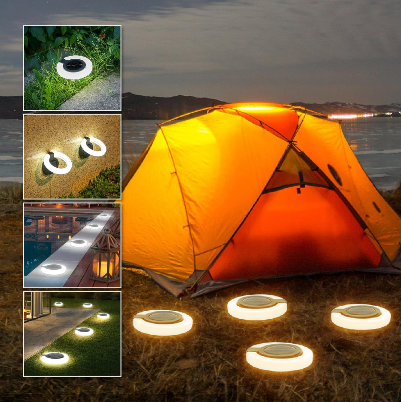 4 Pack Round Outdoor Ground Lights Adjustable Disk Solar Pathway Lamp