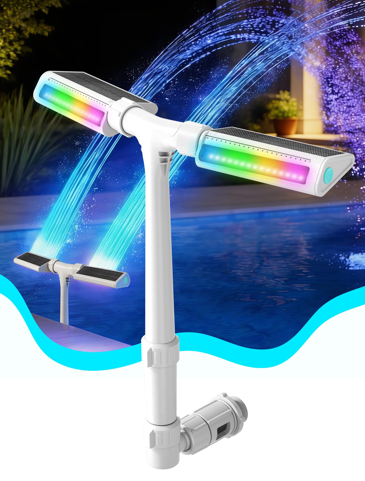 Solar Pool Fountain with 10-Color 4-Modes Lights, Dual Spray Waterfall Sprinkler 360° Adjustable, Compatible with Above & Inground Pools