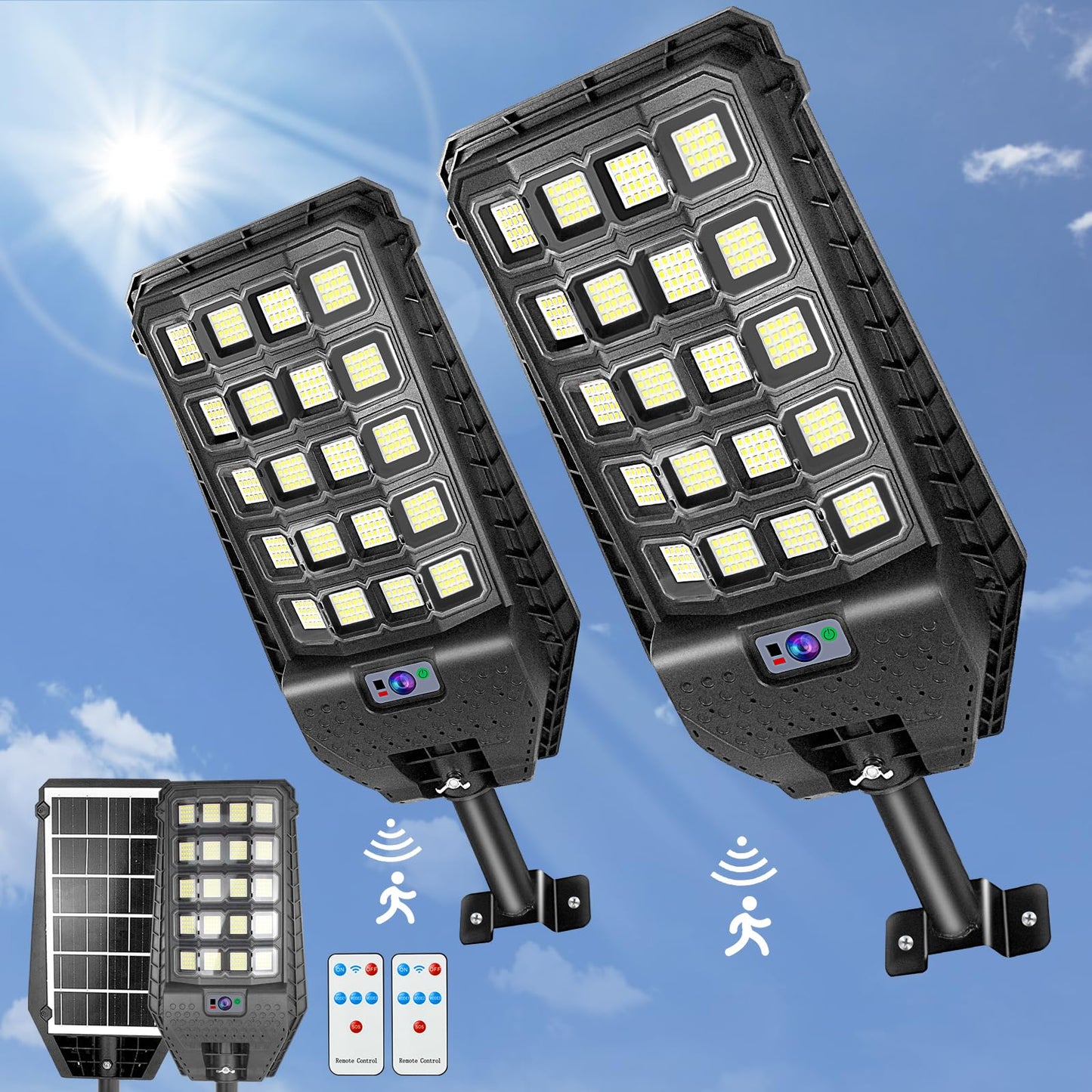 2 Pack 500W Solar Motion Lights Outdoor, 400 LED Parking Lot Lights Outdoor, IP65 Solar Street Lights Outdoor Waterproof