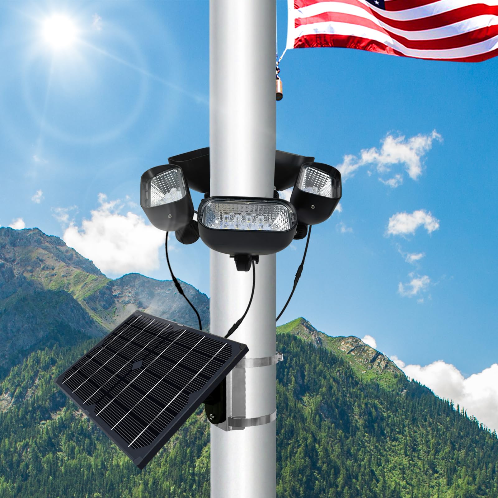 400W Solar Flag Pole Light for 15-40ft flagpole 5 Spotlights，Adjustable Clamps Fits 3-6''Diameter Inground Poles from Dusk to Dawn