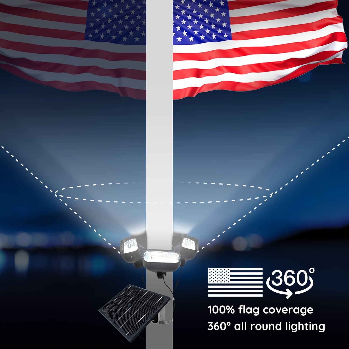 400W Solar Flag Pole Light for 15-40ft flagpole 5 Spotlights，Adjustable Clamps Fits 3-6''Diameter Inground Poles from Dusk to Dawn