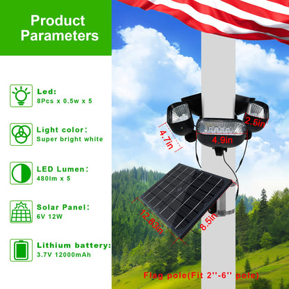 400W Solar Flag Pole Light for 15-40ft flagpole 5 Spotlights，Adjustable Clamps Fits 3-6''Diameter Inground Poles from Dusk to Dawn