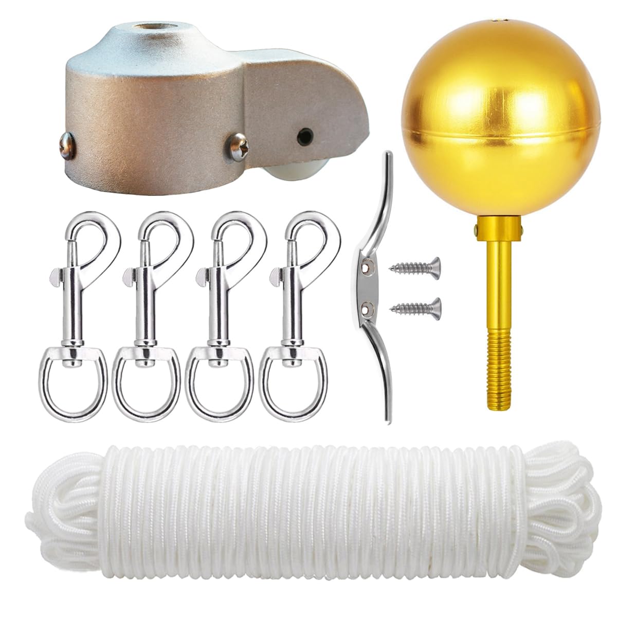 LumenX Complete Flagpole Repair Kit for 1.6"–2" Poles – 50FT Halyard Rope, Gold Ball, Pulley, Cleat & Swivel Clips