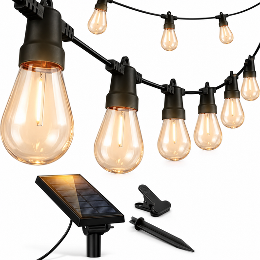 48Ft Solar Powered String Lights Waterproof LED Hanging Edison Bulb Lights with 15 Bulbs