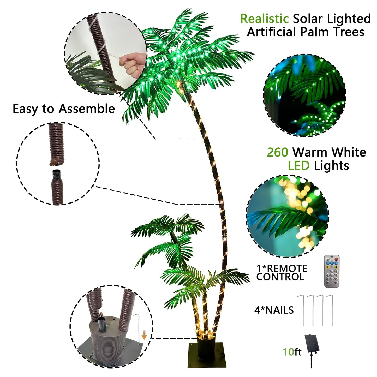 LumenX 7ft Solar Lighted Palm Tree, Home Room Decor 260LED Christmas Tree, 3 Trunks Artificial Palm Trees