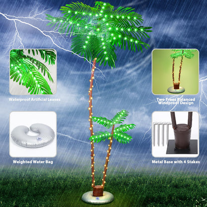 LumenX 7ft Solar Lighted Palm Tree, Home Room Decor 260LED Christmas Tree, 3 Trunks Artificial Palm Trees