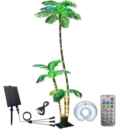 LumenX 7ft Solar Lighted Palm Tree, Home Room Decor 260LED Christmas Tree, 3 Trunks Artificial Palm Trees