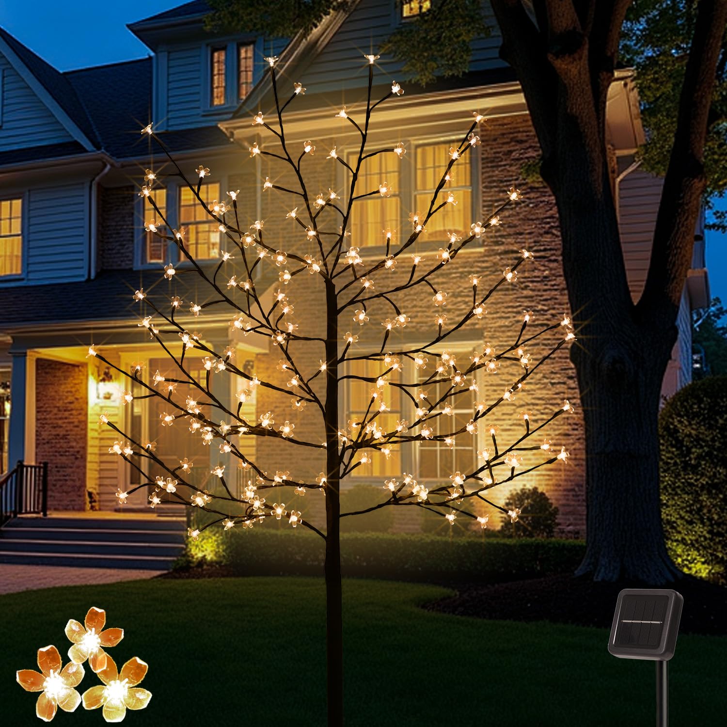 LumenX Solar Lighted Cherry Blossom Tree, 6 Feet 200LED Light Up Artificial Cherry Tree with Detachable Crystal Flower for Outdoor Porch Home Wedding Holiday Decoration (Warm White)