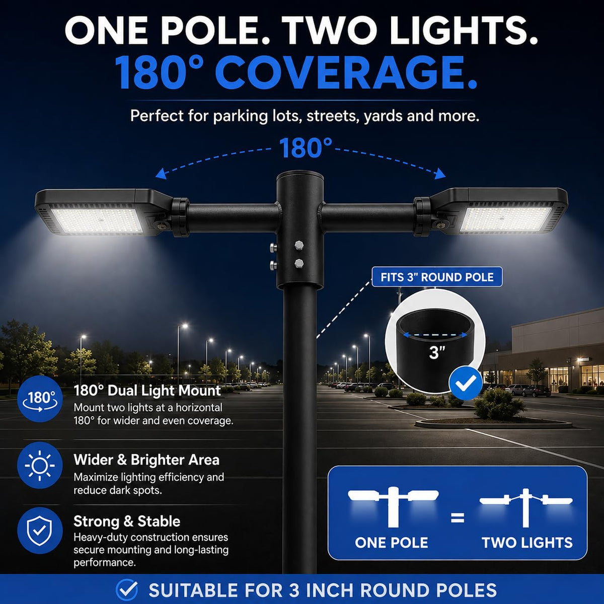 180° Double Bullhorn Light Pole Bracket for 3" Round Pole – Dual 2-3/8" Slip Fitter Tenon, Heavy-Duty Steel