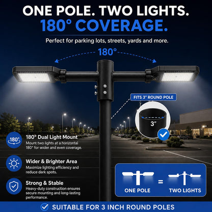 180° Double Bullhorn Light Pole Bracket for 3" Round Pole – Dual 2-3/8" Slip Fitter Tenon, Heavy-Duty Steel