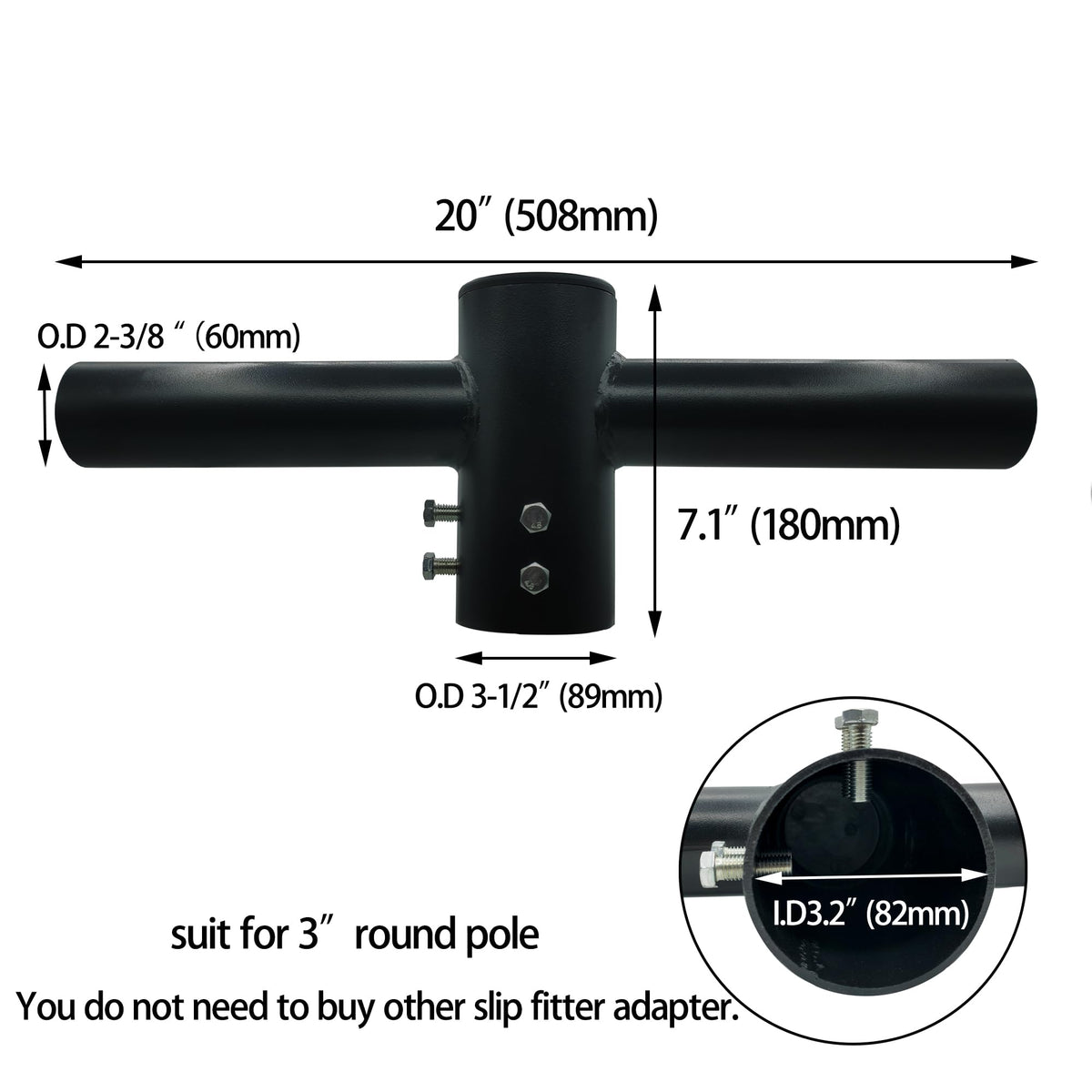180° Double Bullhorn Light Pole Bracket for 3" Round Pole – Dual 2-3/8" Slip Fitter Tenon, Heavy-Duty Steel