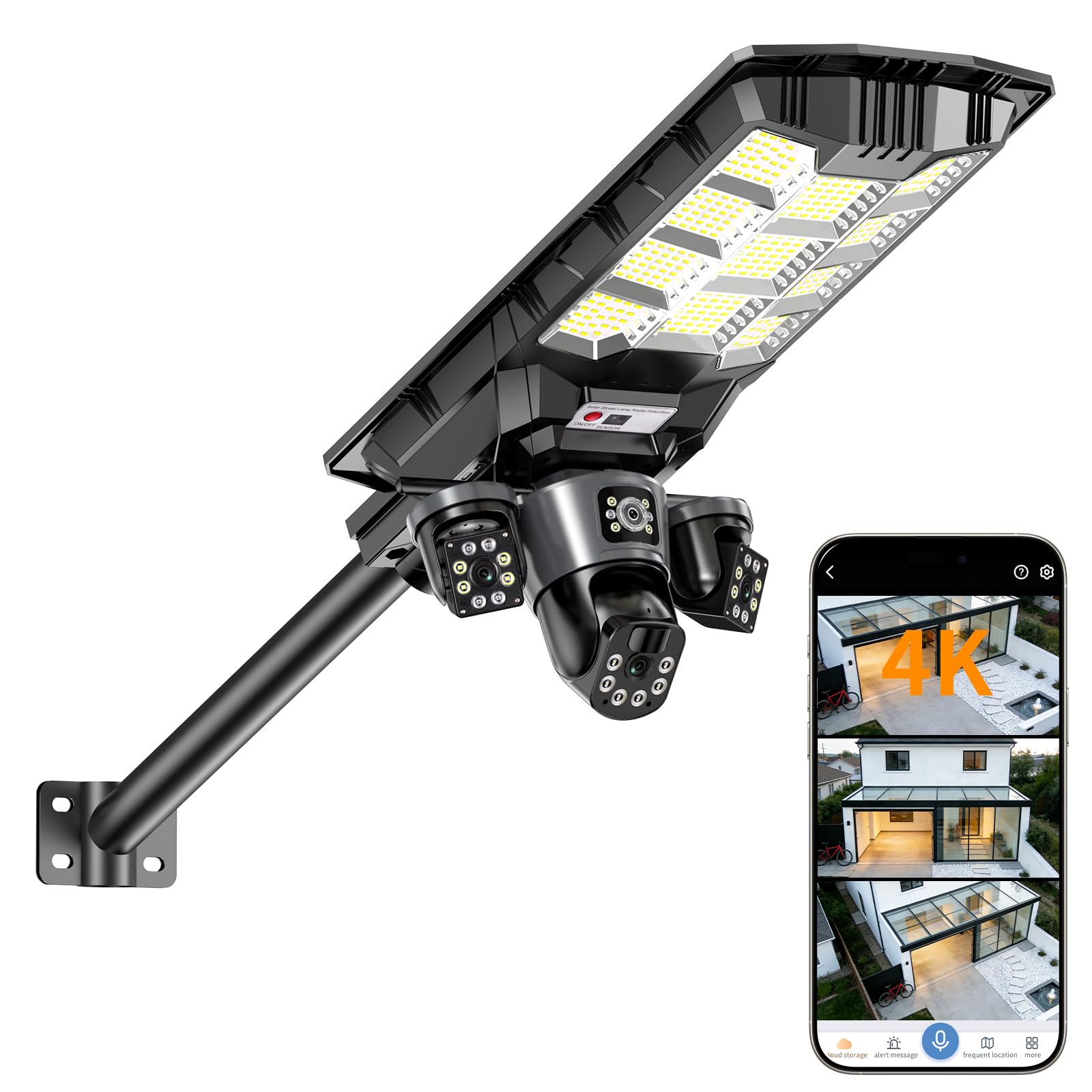 Solar Security Camera Light – 3-Camera 360° PTZ System, Color Night Vision, Two-Way Audio, IP66